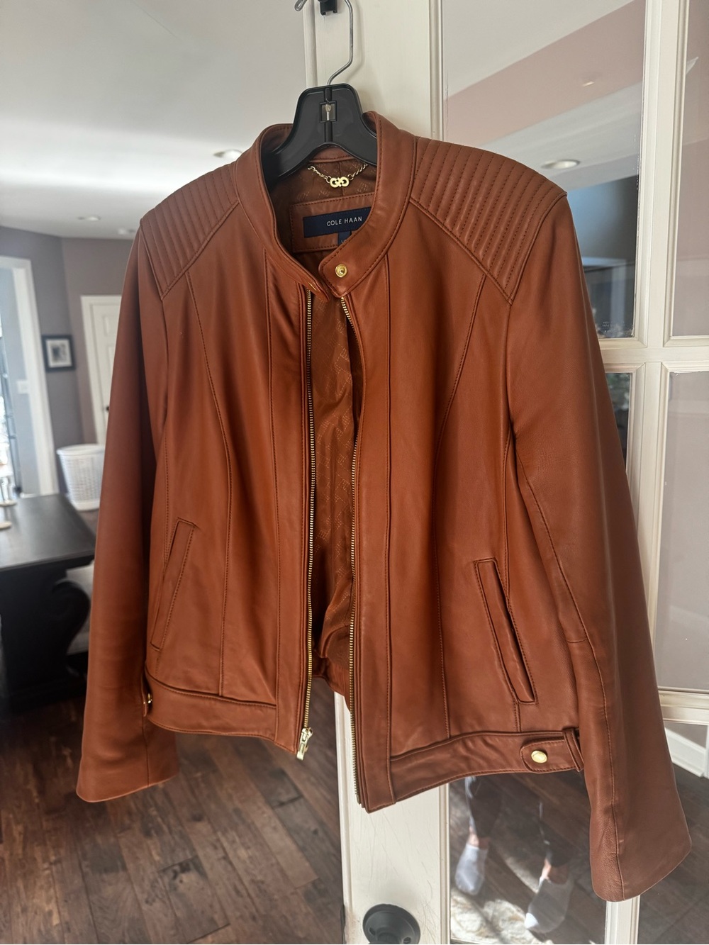 Cole Haan Genuine Lambskin Leather Moto Racer Jacket, Cognac Brown - Size Large
